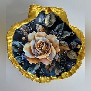 Handcrafted Shell Golden Floral Dish Decoupage
